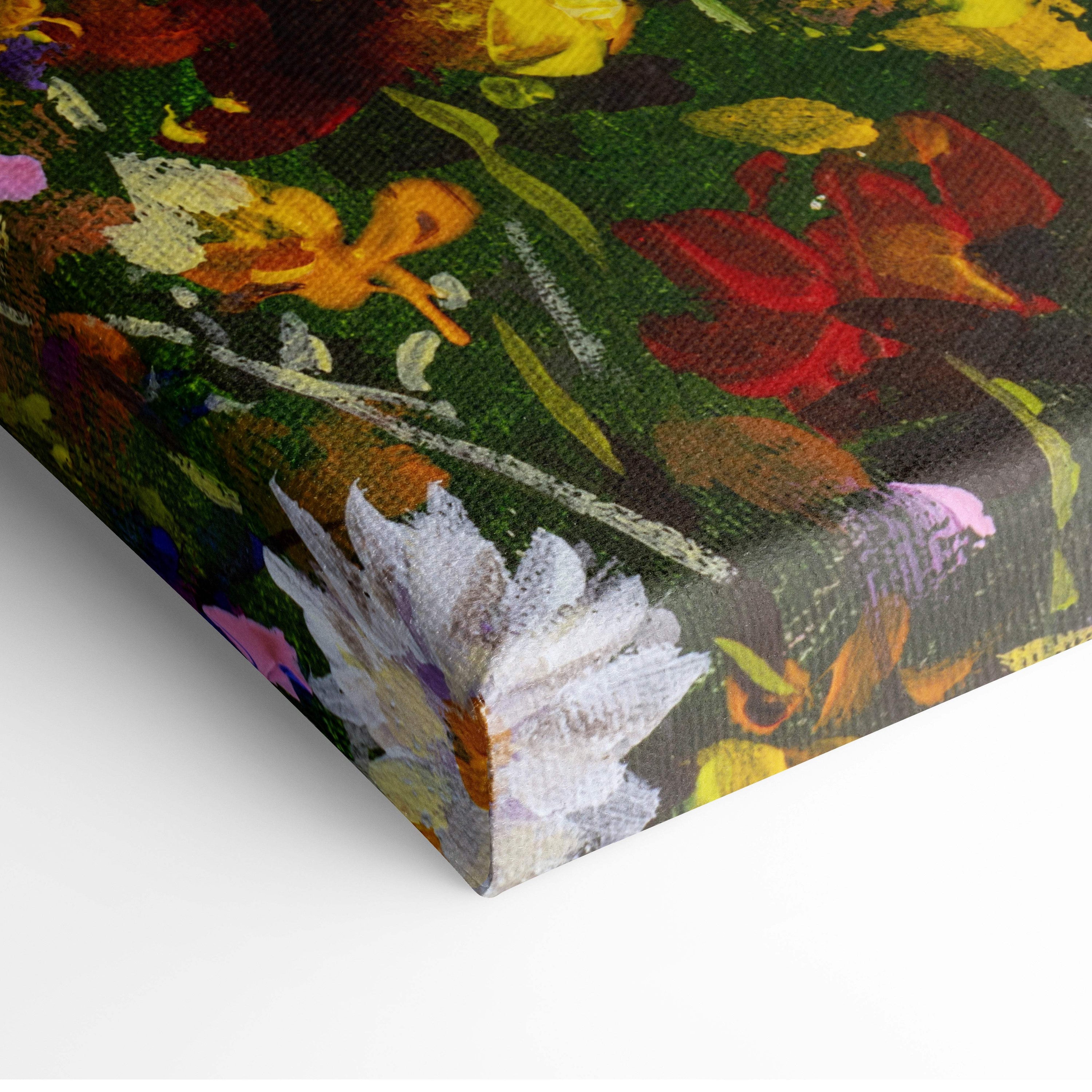 Vibrant oil painting style floral canvas print with red yellow white blossoms on textured green background for wall art