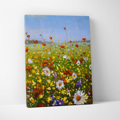 Wildflower meadow landscape canvas print of vibrant impressionist oil painting with red yellow white purple flowers and blue sky