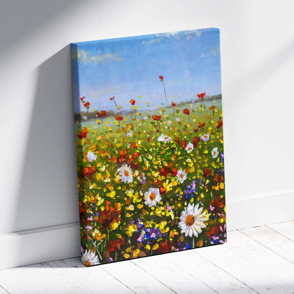 Vibrant wildflower meadow landscape canvas print with red yellow and white daisies under a bright blue sky