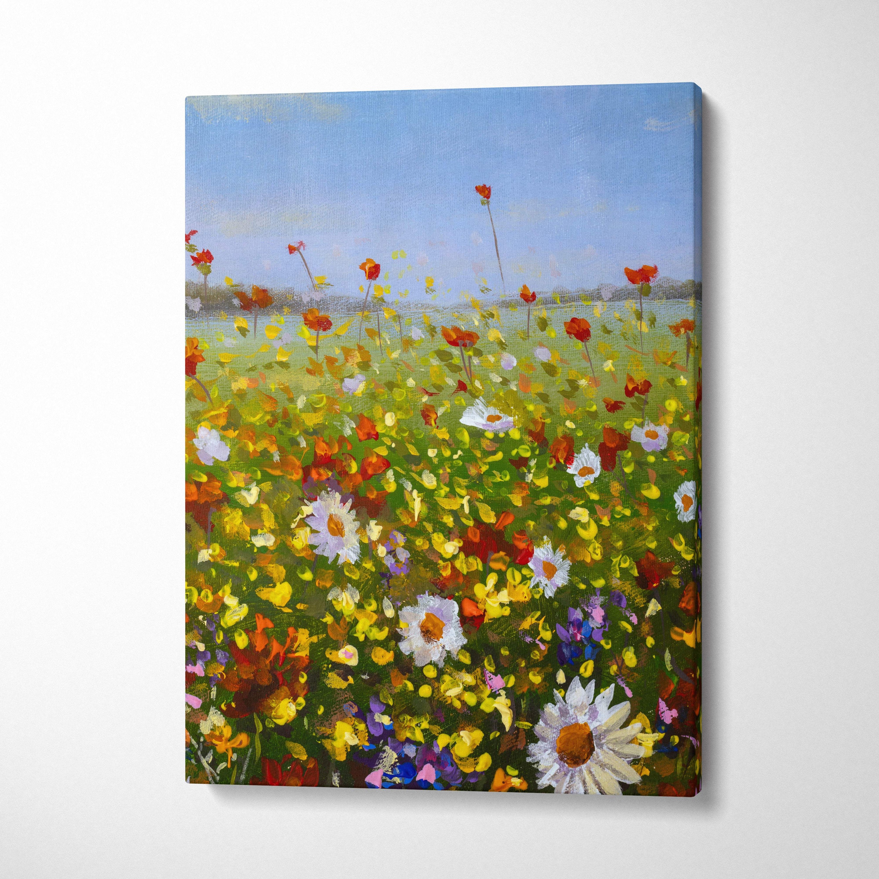 Wildflower meadow landscape canvas print showing a vibrant oil painting of a sunlit field with colorful wildflowers and blue sky