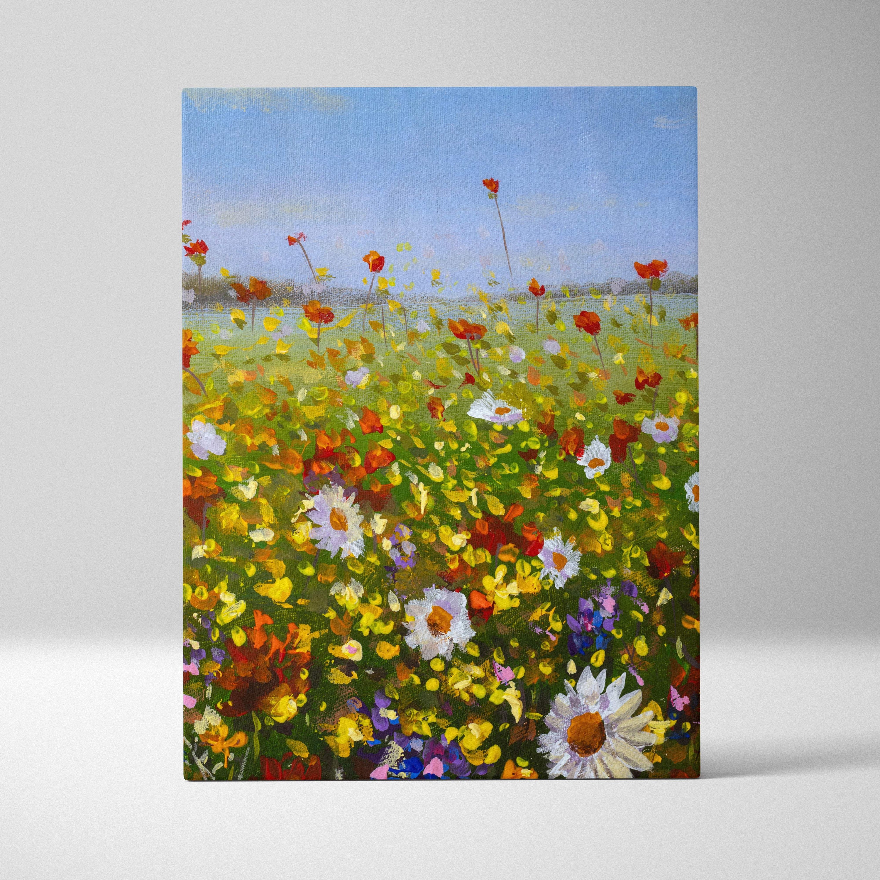 Vibrant impressionist canvas print of a sunlit meadow with red yellow and white wildflowers under blue sky