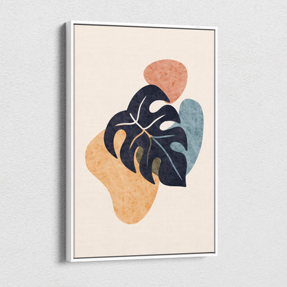 A framed abstract botanical wall art print featuring a black monstera leaf silhouette with terracotta and blue shapes