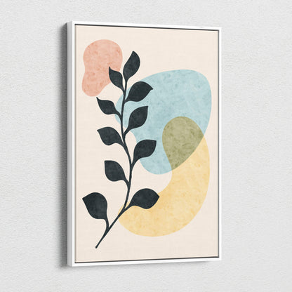 Minimalist black leafy branch silhouette on pastel peach blue yellow canvas art
