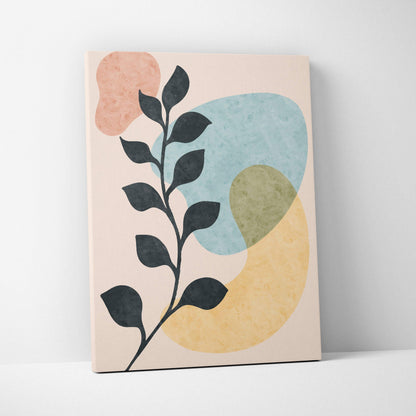 Minimalist black leafy branch silhouette on pastel peach blue yellow canvas art