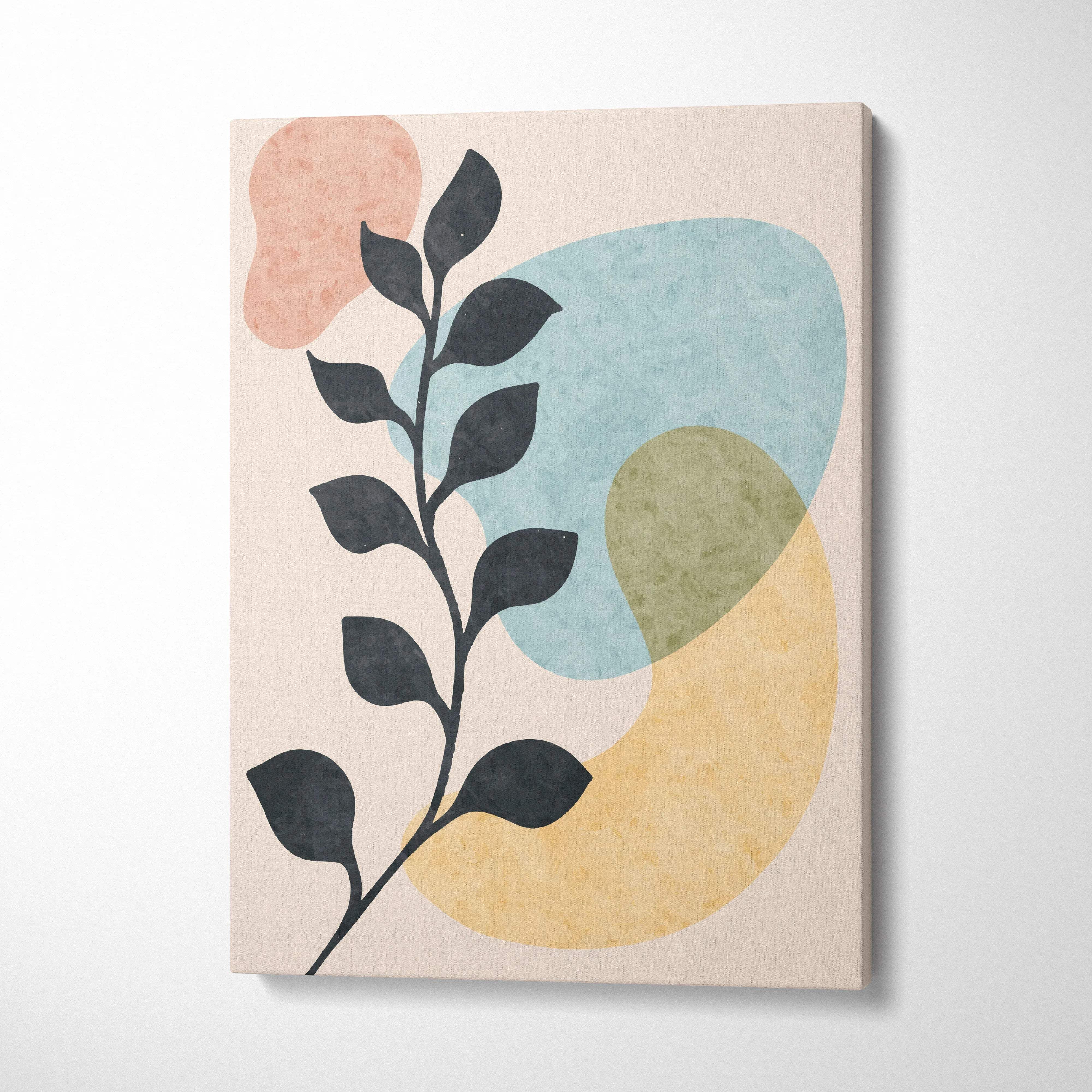 Minimalist leafy branch silhouette canvas art in muted blue, sage green, mustard yellow, blush pink