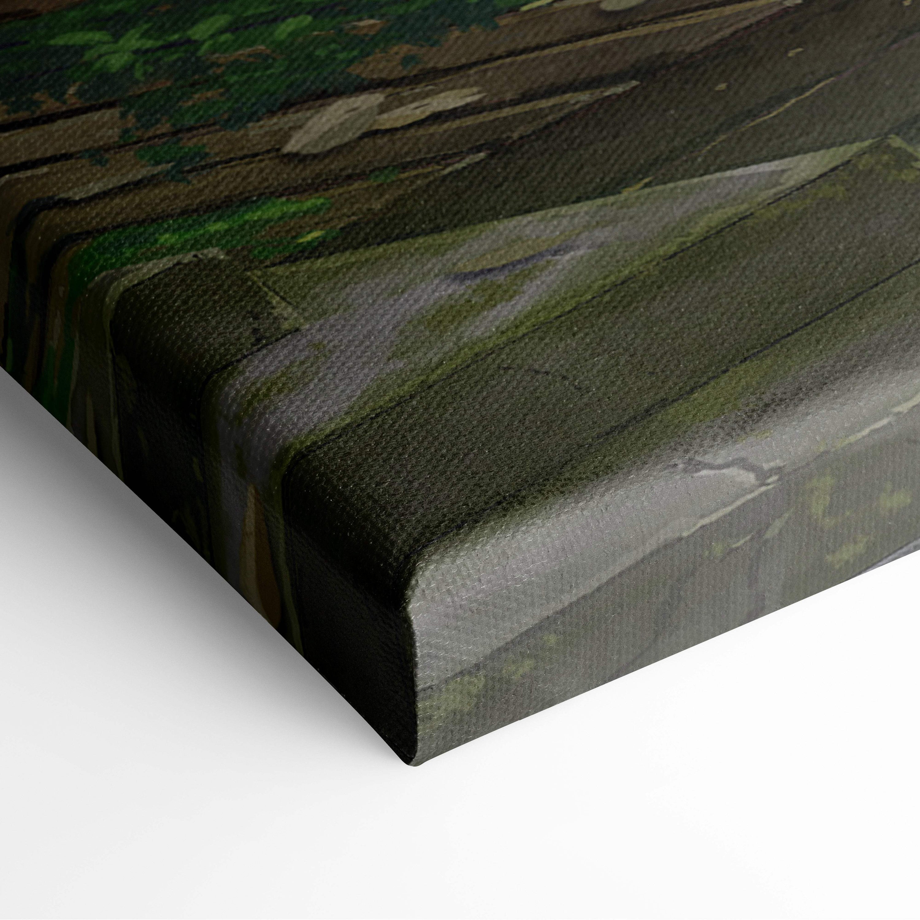 A textured canvas print featuring a rustic wooden fence in muted greens and browns for modern gaming room decor