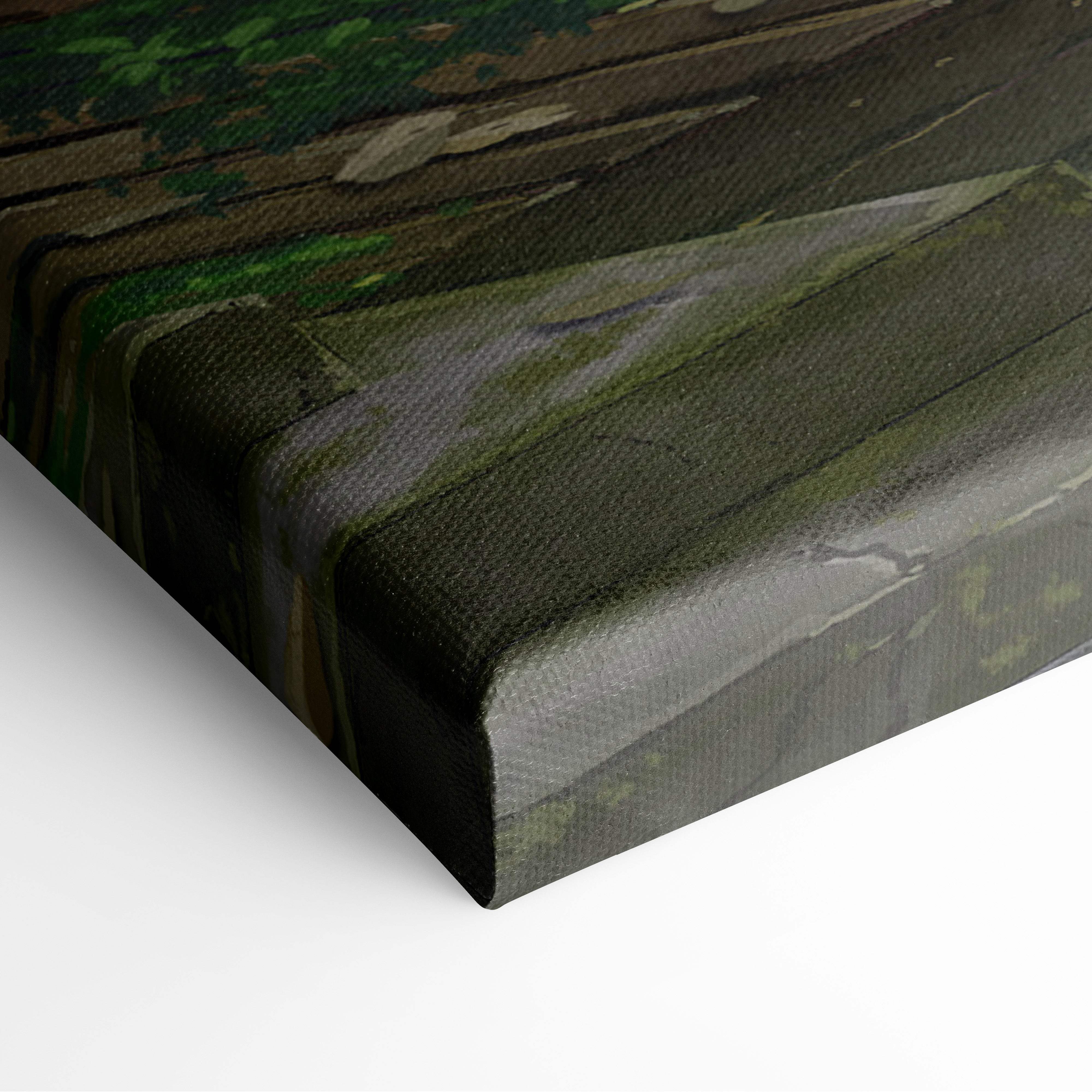 A textured canvas print featuring a rustic wooden fence in muted greens and browns for modern gaming room decor