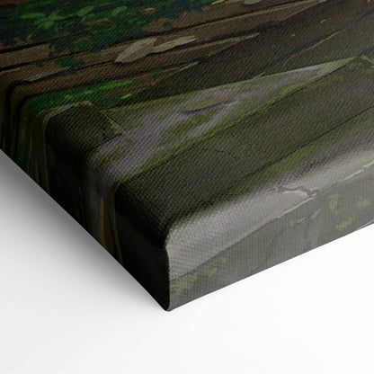 A textured canvas print featuring a rustic wooden fence in muted greens and browns for modern gaming room decor