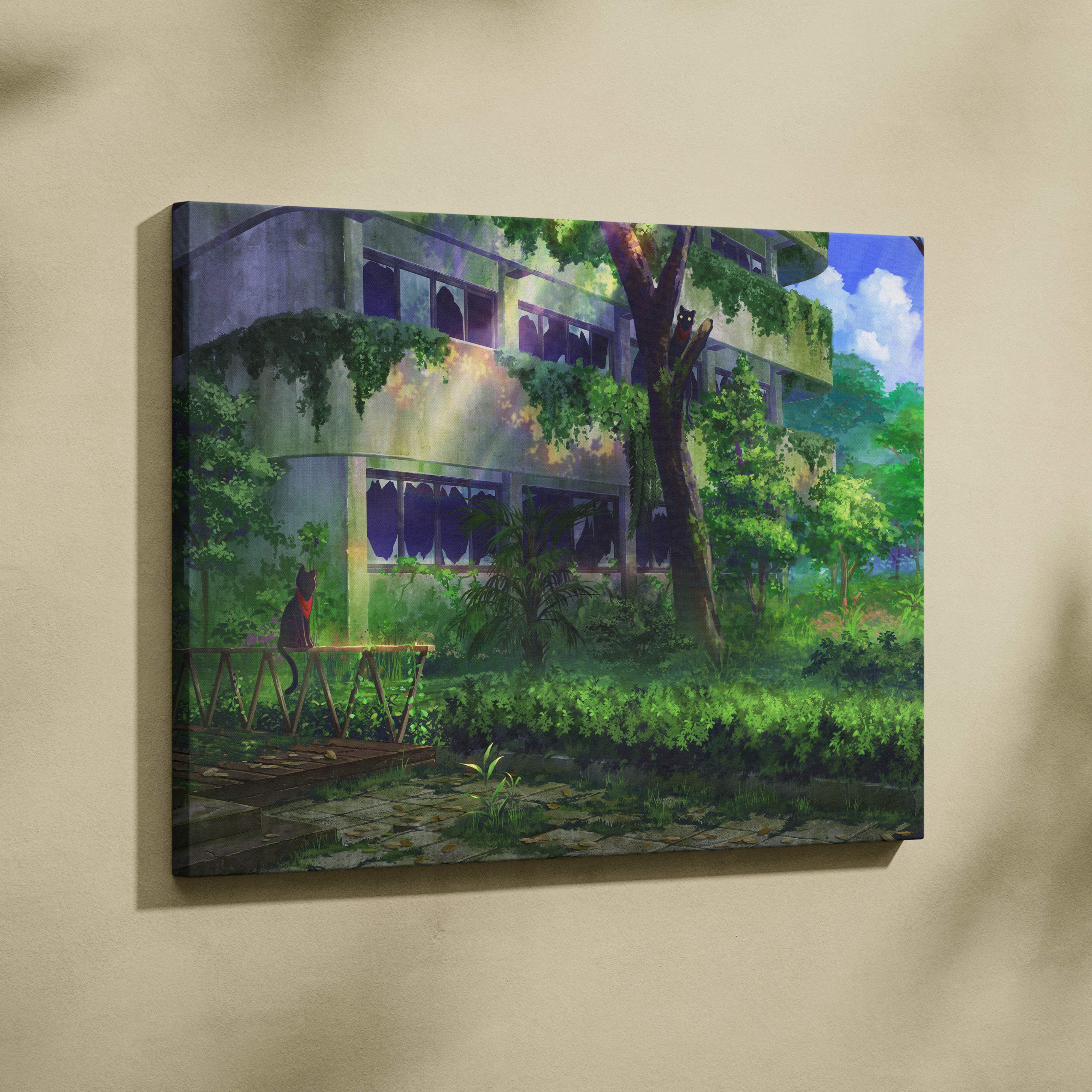 A rectangular canvas print of a green overgrown anime-style building with ivy and trees for gaming room or bedroom decor