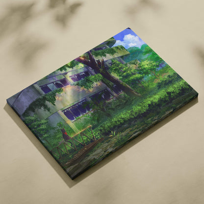 A rectangular canvas print featuring vibrant green overgrown building anime digital art with sunlight for modern rooms