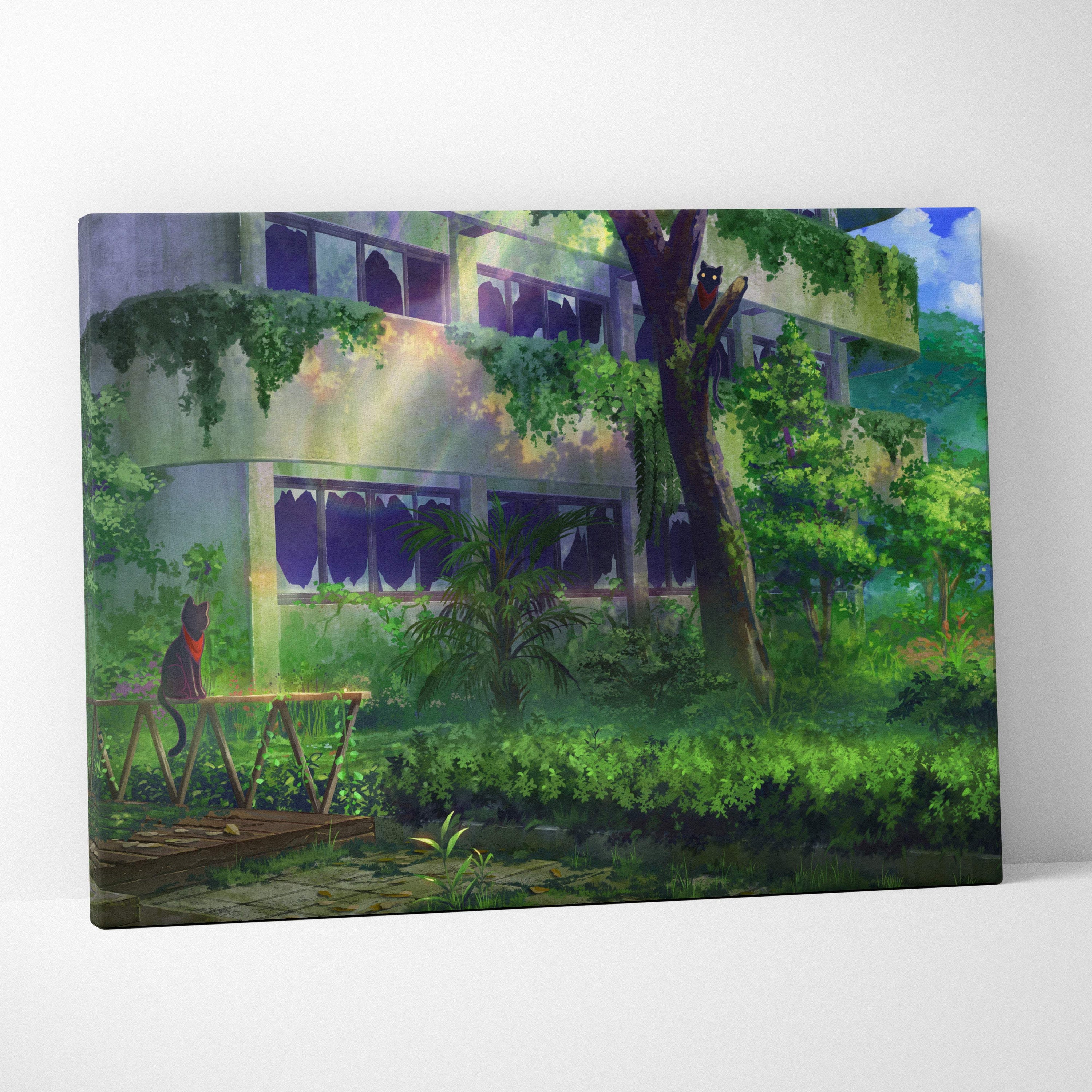 Rectangular canvas print of a green overgrown anime style building with ivy and trees for gaming room or bedroom decor