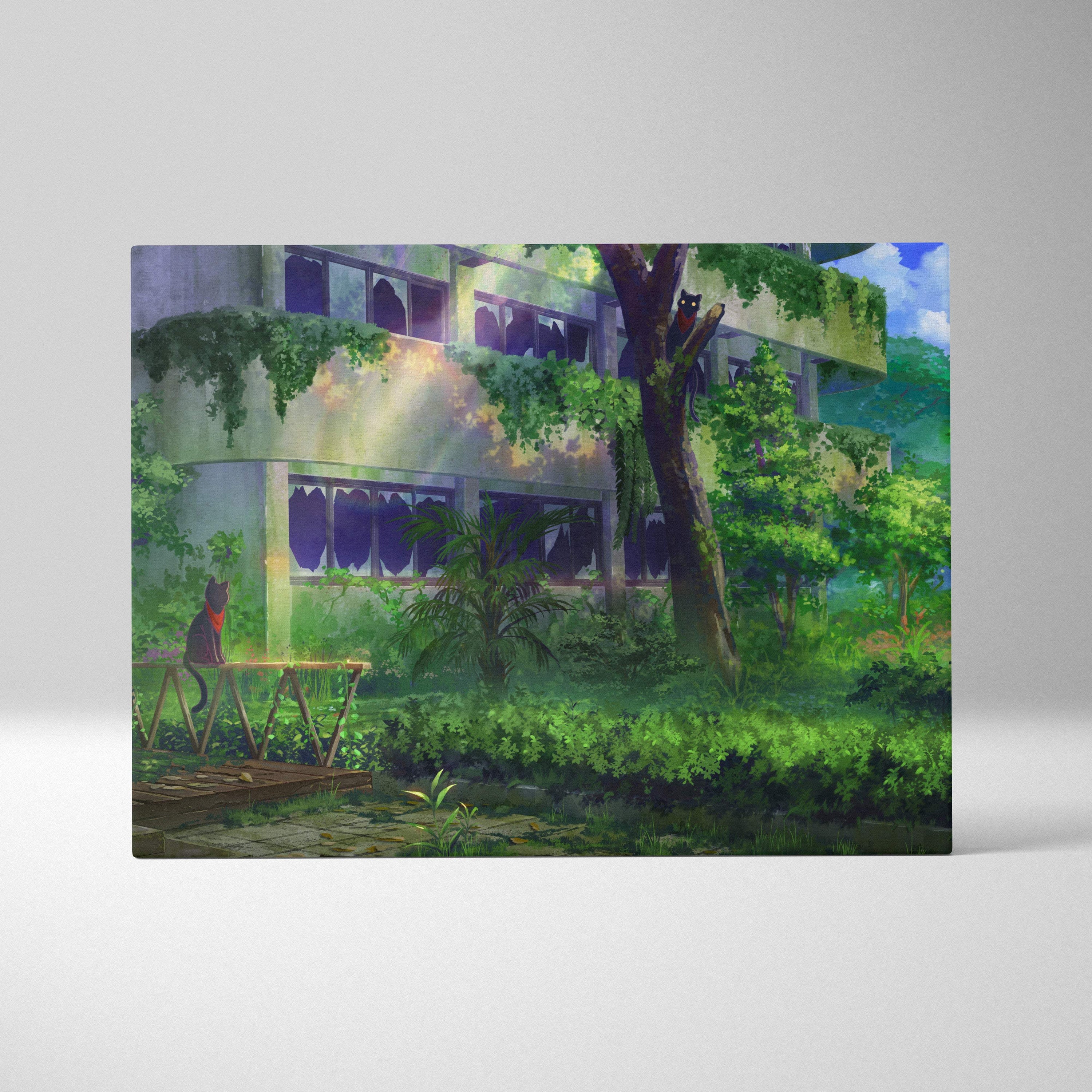 Rectangular canvas print featuring green overgrown urban jungle anime digital art for modern gaming or bedroom decor