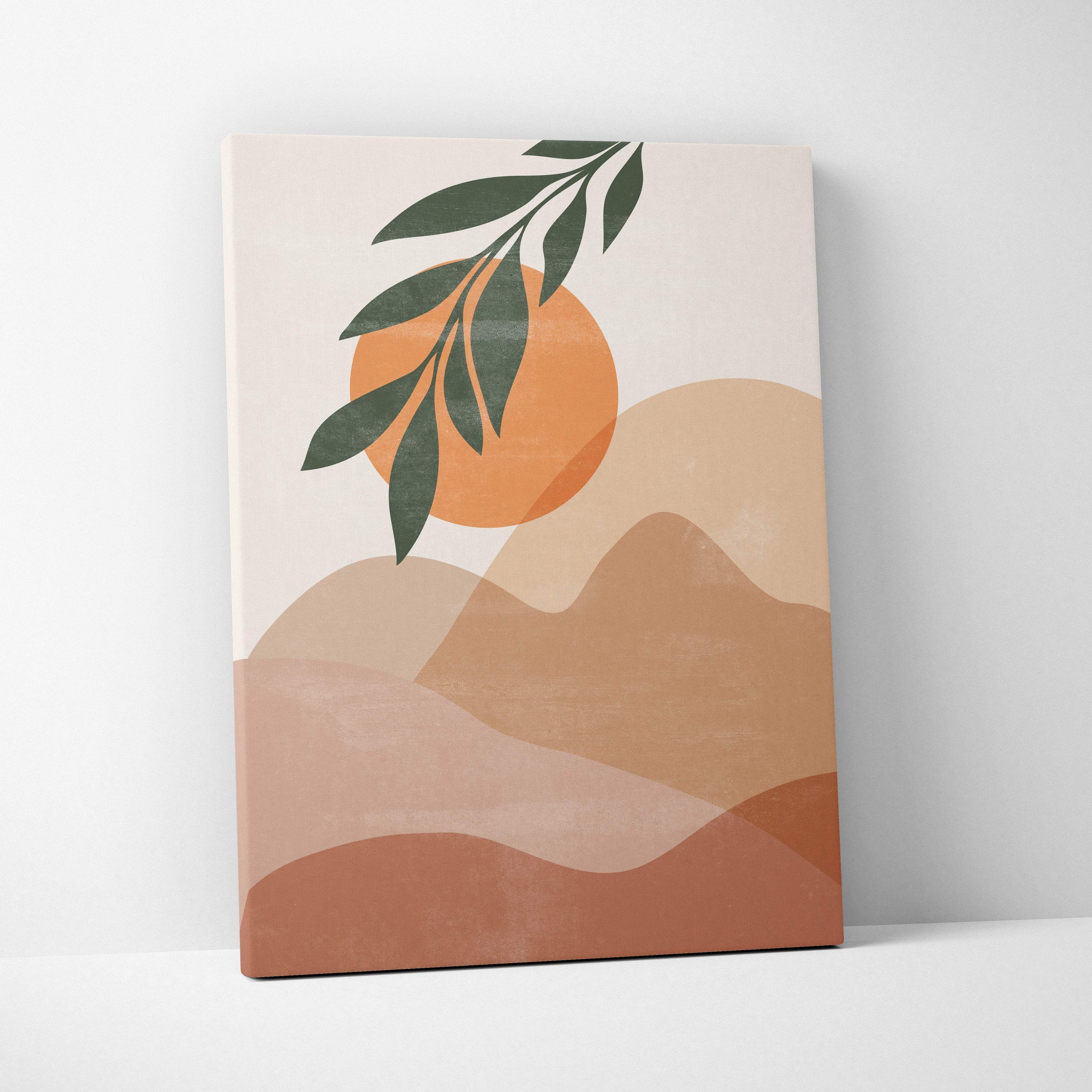 Beige canvas wall art with minimalist boho desert landscape featuring terracotta hills, orange sun, and dark green leaves