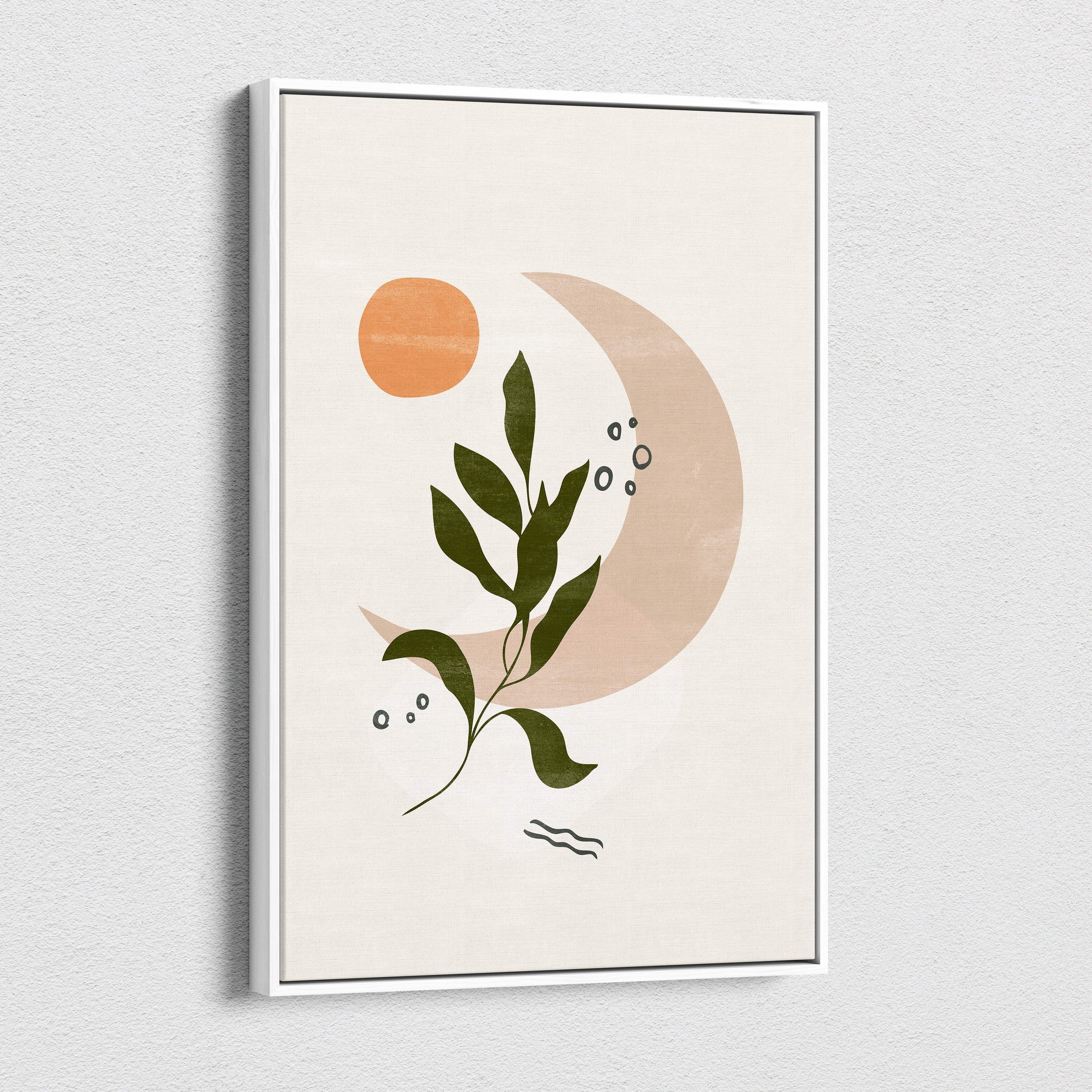 Minimalist boho botanical wall art with abstract leaf branch, crescent moon, and sun on neutral beige background