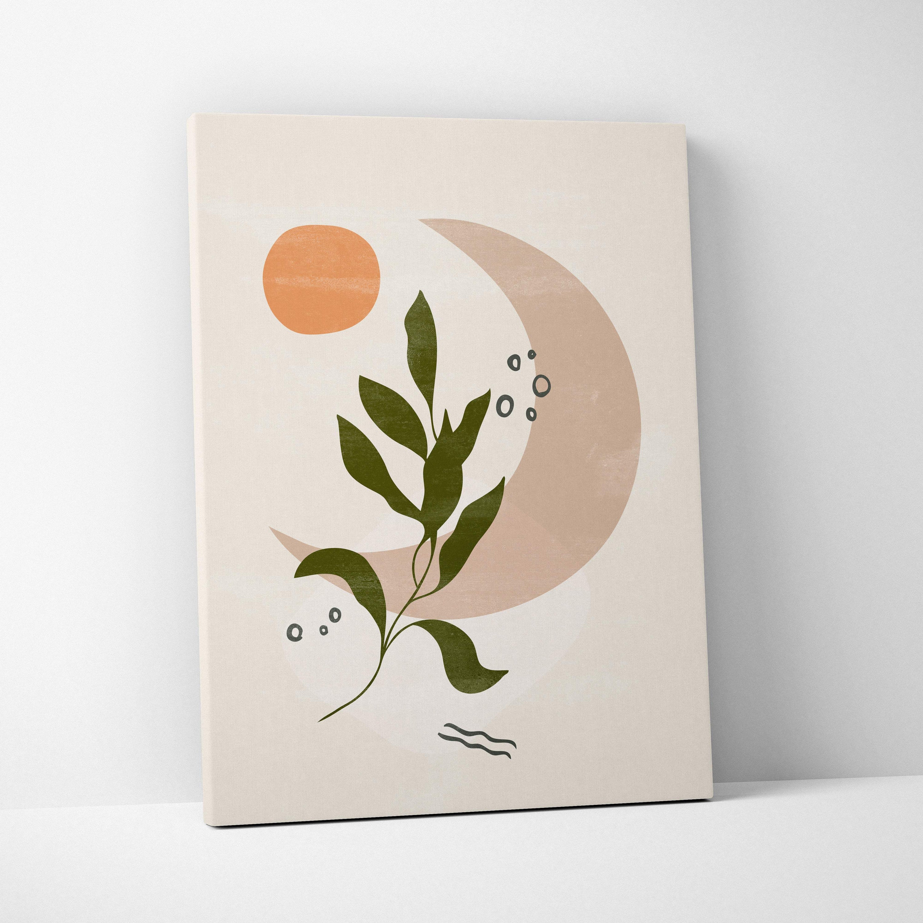 Beige canvas print minimalist boho botanical wall art with olive green leaves peach sun and tan crescent moon for living room decor