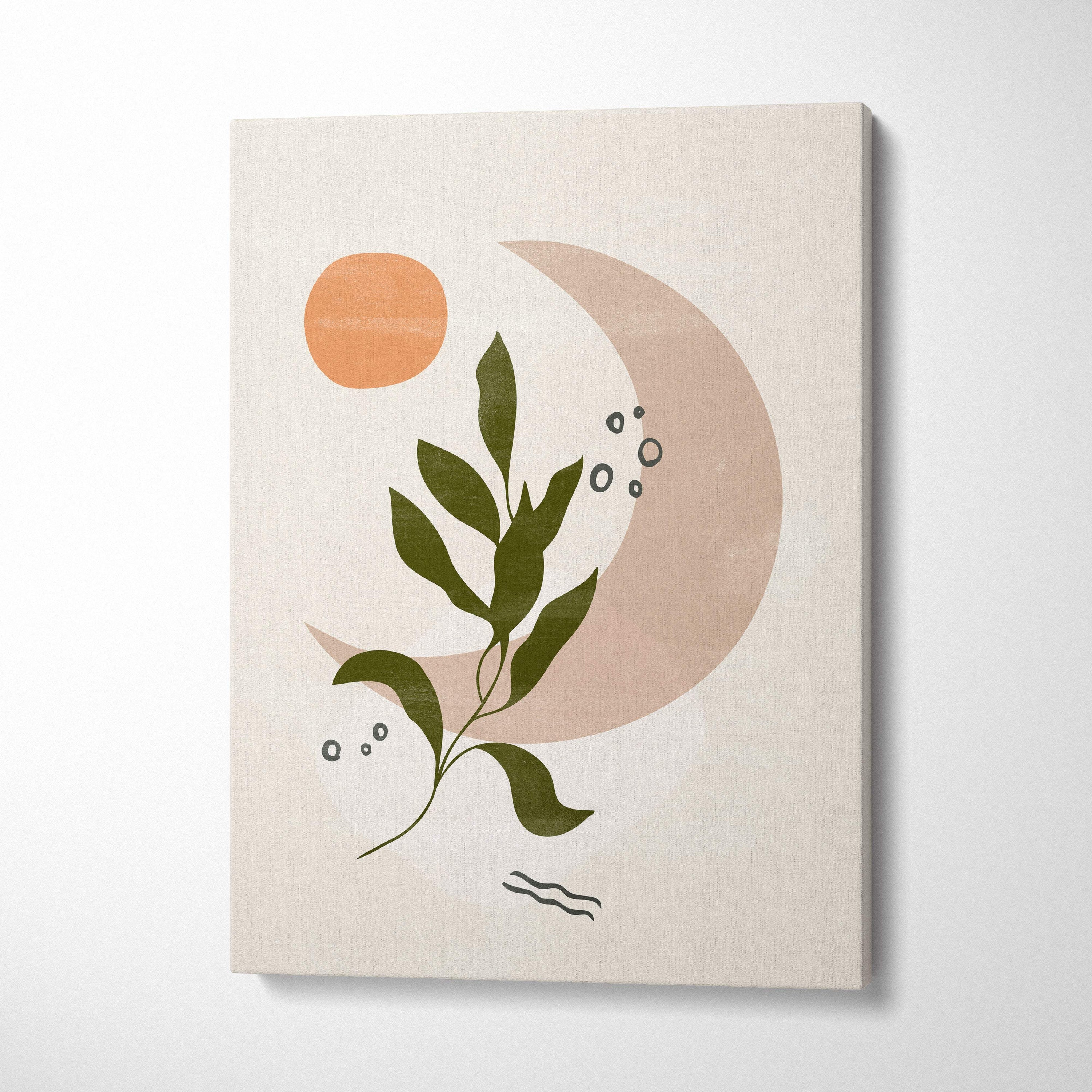 Beige canvas print featuring abstract botanical design with olive green leaves and peach sun and moon shapes for modern decor