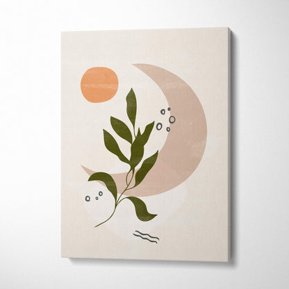 Beige canvas print featuring abstract botanical design with olive green leaves and peach sun and moon shapes for modern decor