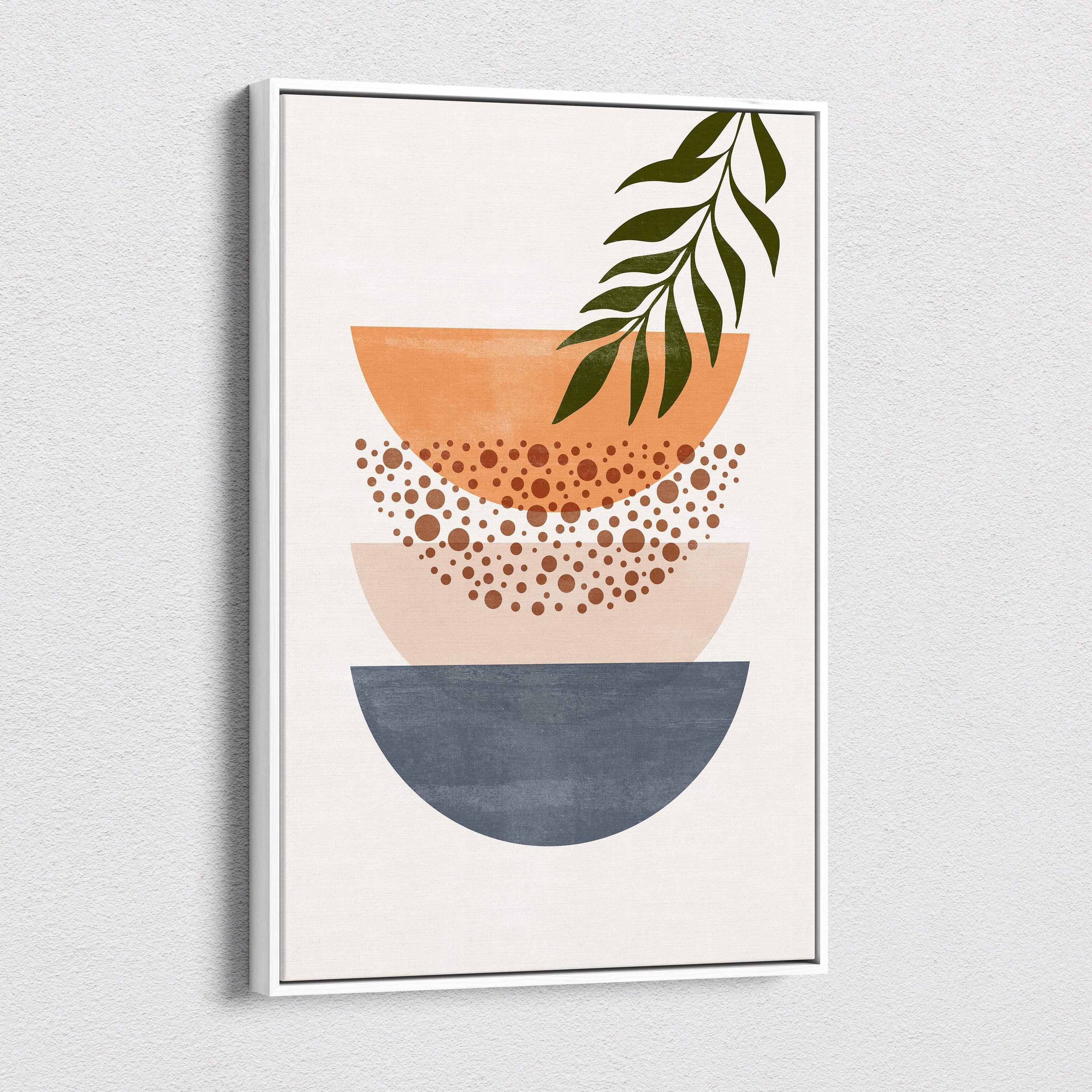 Modern abstract boho geometric wall art featuring terracotta blush pink and slate gray layered half circles with green leaf