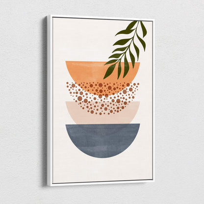 Modern abstract boho geometric wall art featuring terracotta blush pink and slate gray layered half circles with green leaf