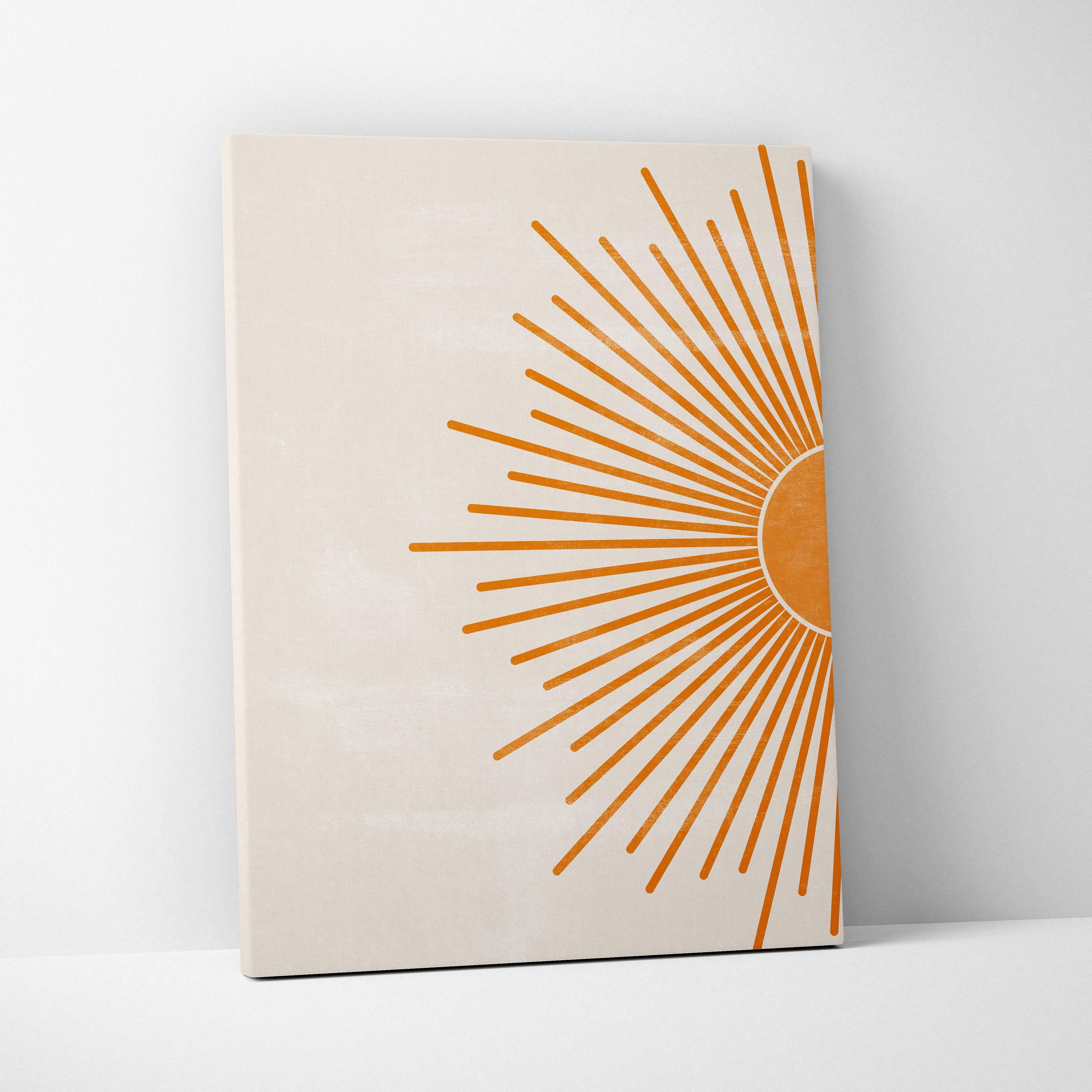 Minimalist sunburst wall art canvas print with stylized orange sunburst on beige for boho mid-century decor