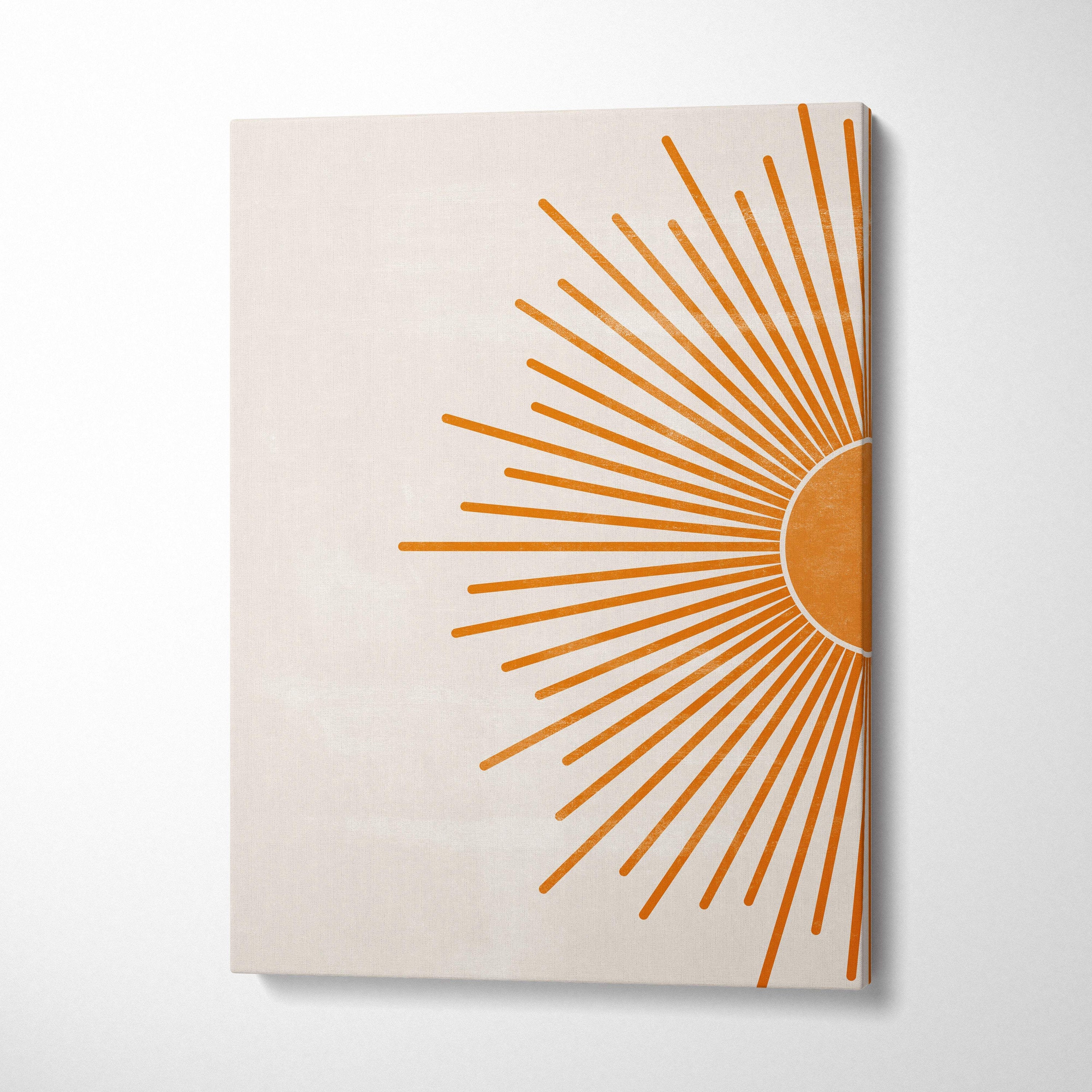 Minimalist sunburst wall art canvas print with stylized orange sunburst on cream background for living room decor
