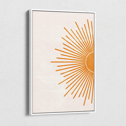 Minimalist framed canvas print with stylized orange sunburst on beige background for mid-century modern decor