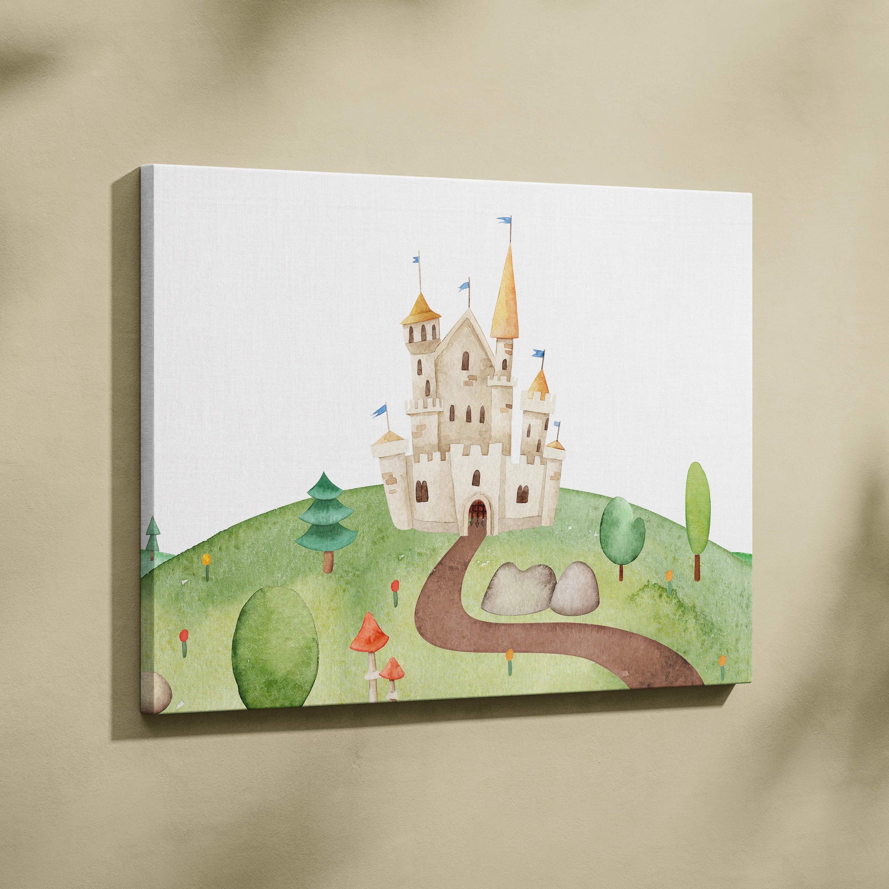 Whimsical fairytale castle watercolor canvas wall art on green hill