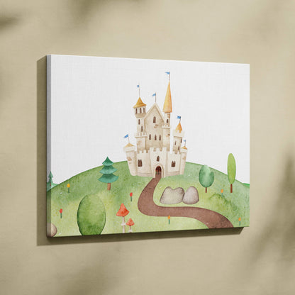 Whimsical fairytale castle watercolor canvas wall art on green hill