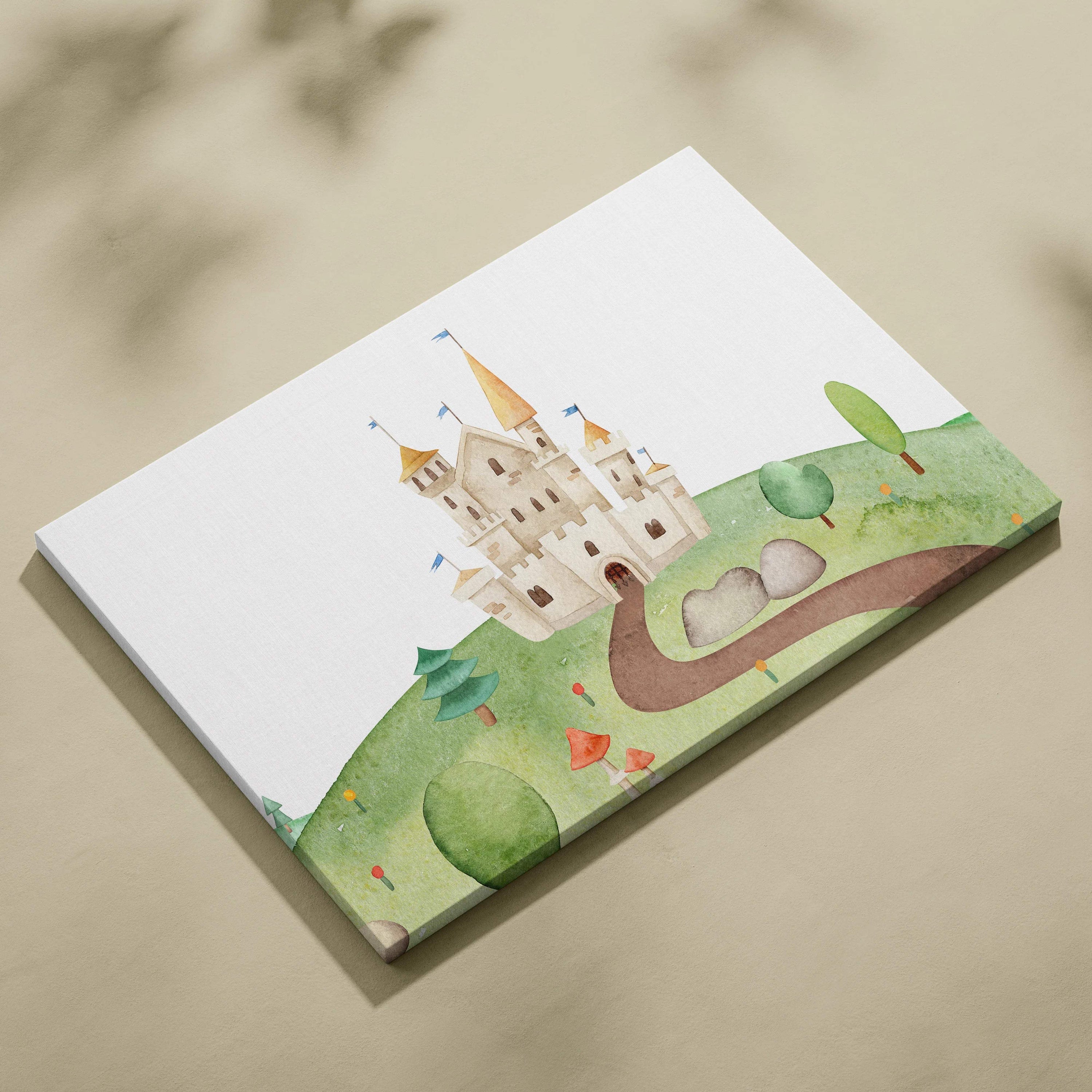Whimsical fairytale castle on green hill watercolor canvas wall art