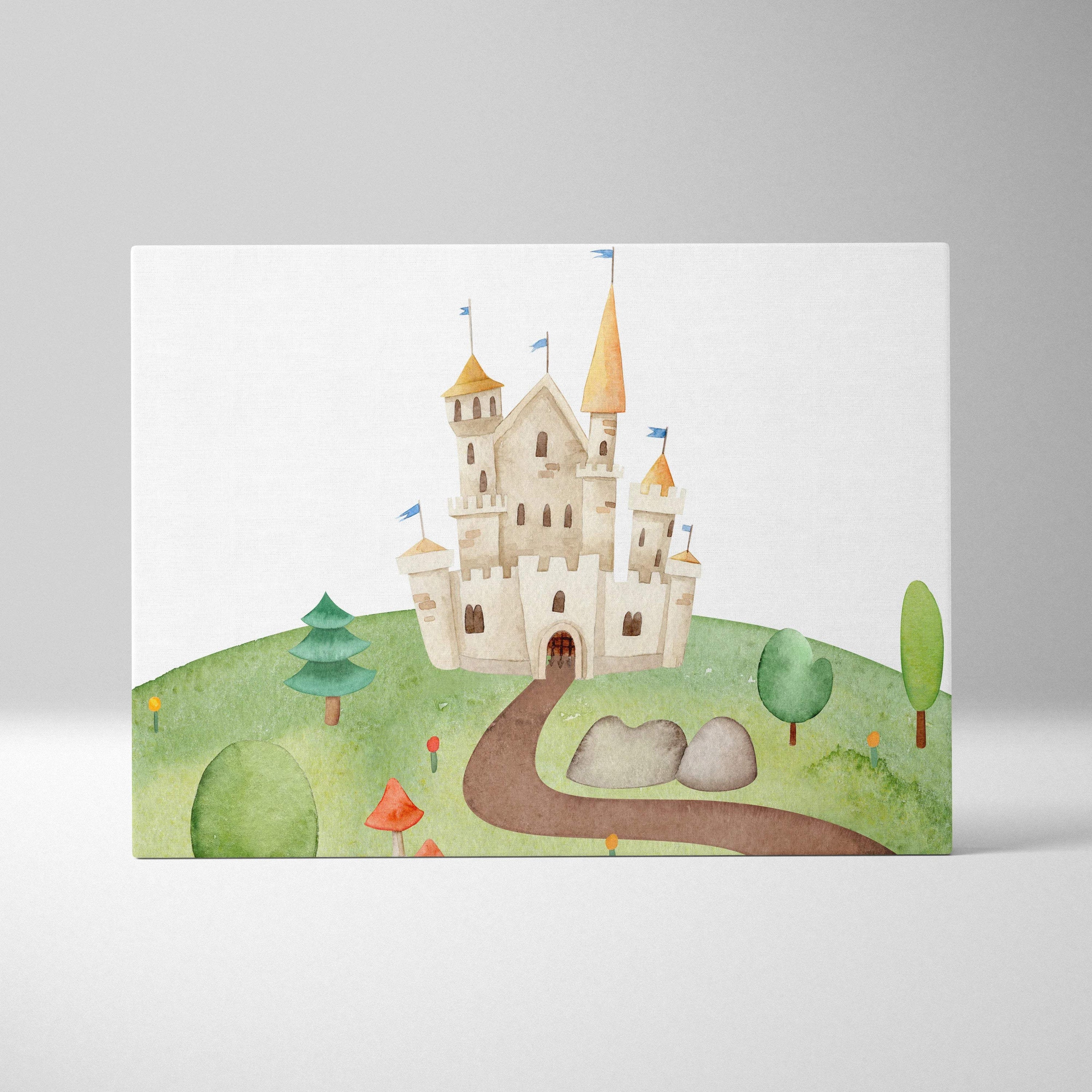 Whimsical fairytale castle watercolor wall art on green hill with beige towers