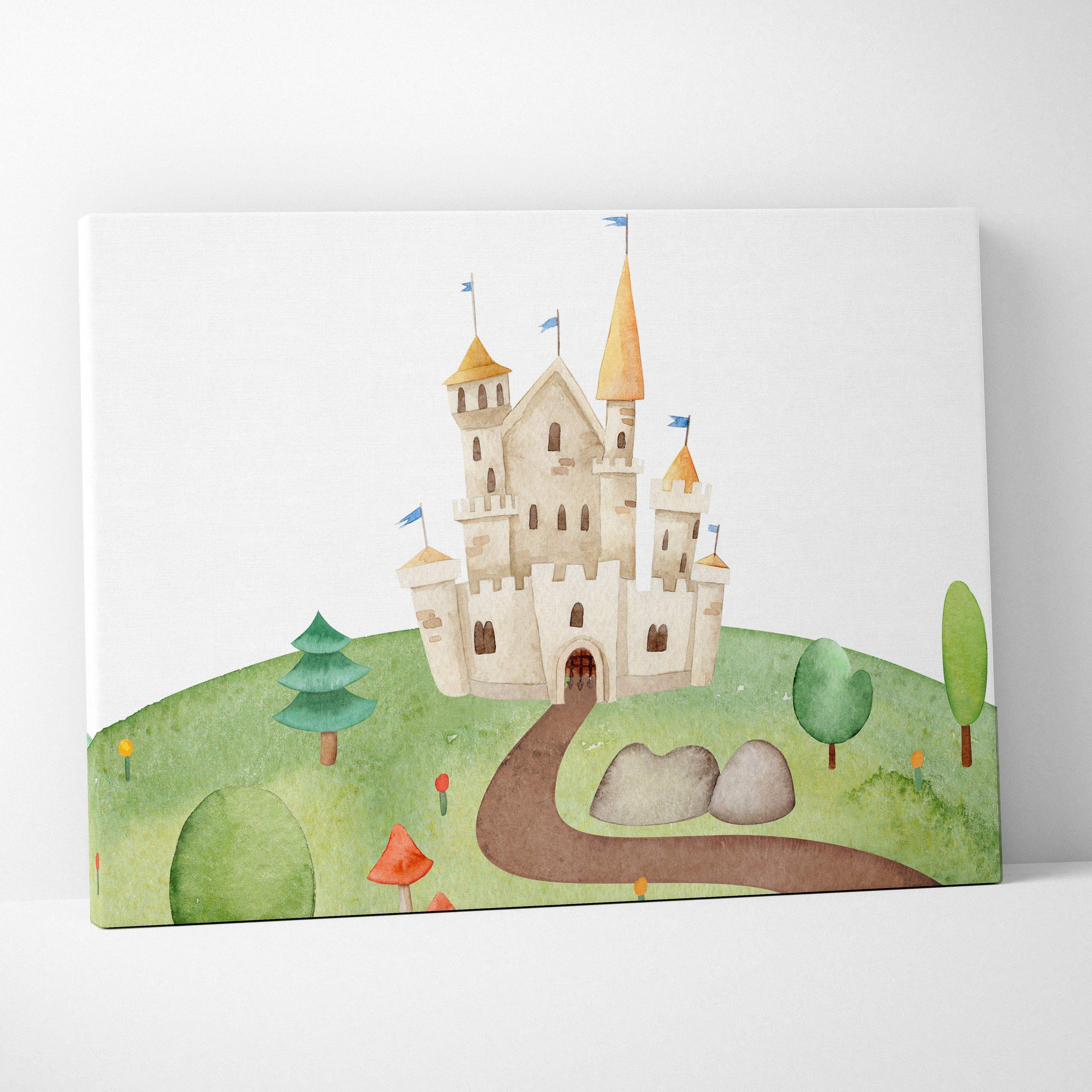Whimsical fairytale castle watercolor canvas wall art on green hill