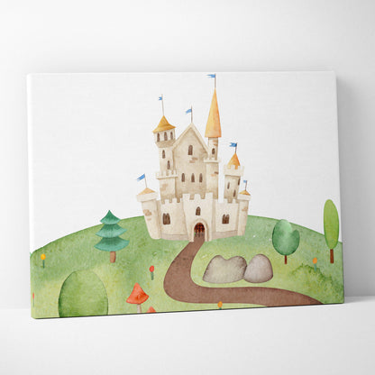 Whimsical fairytale castle watercolor canvas wall art on green hill