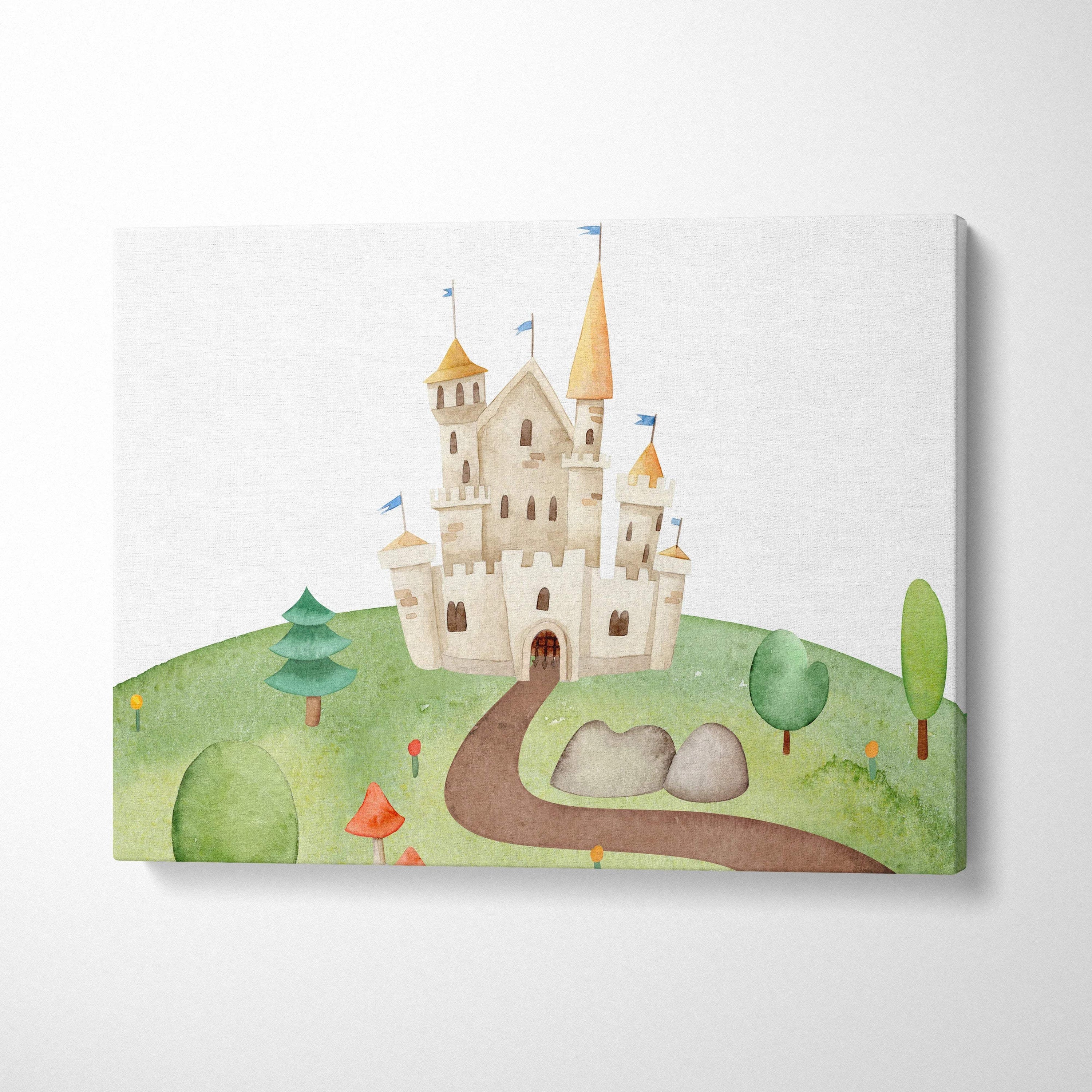 Whimsical fairytale castle watercolor canvas wall art on green hill