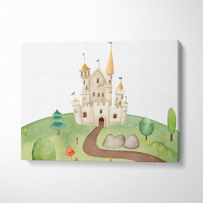 Whimsical fairytale castle watercolor canvas wall art on green hill