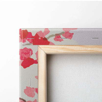 Floral canvas with pink cherry blossoms, Mount Fuji, pagoda, wood frame