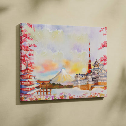 Watercolor canvas of Mount Fuji, cherry blossoms, pagoda, Tokyo Tower