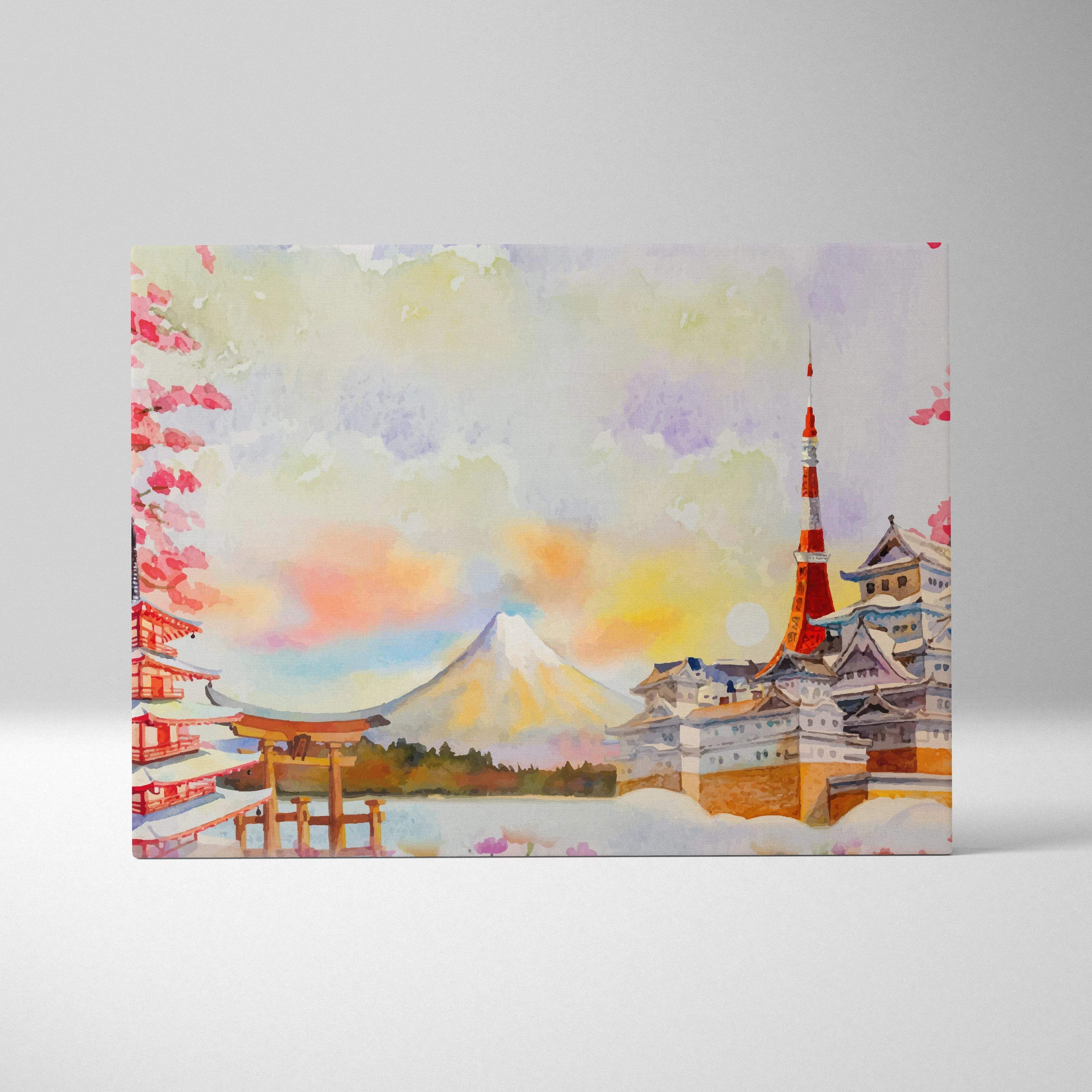 Watercolor Mount Fuji Tokyo landmarks cherry blossoms canvas art