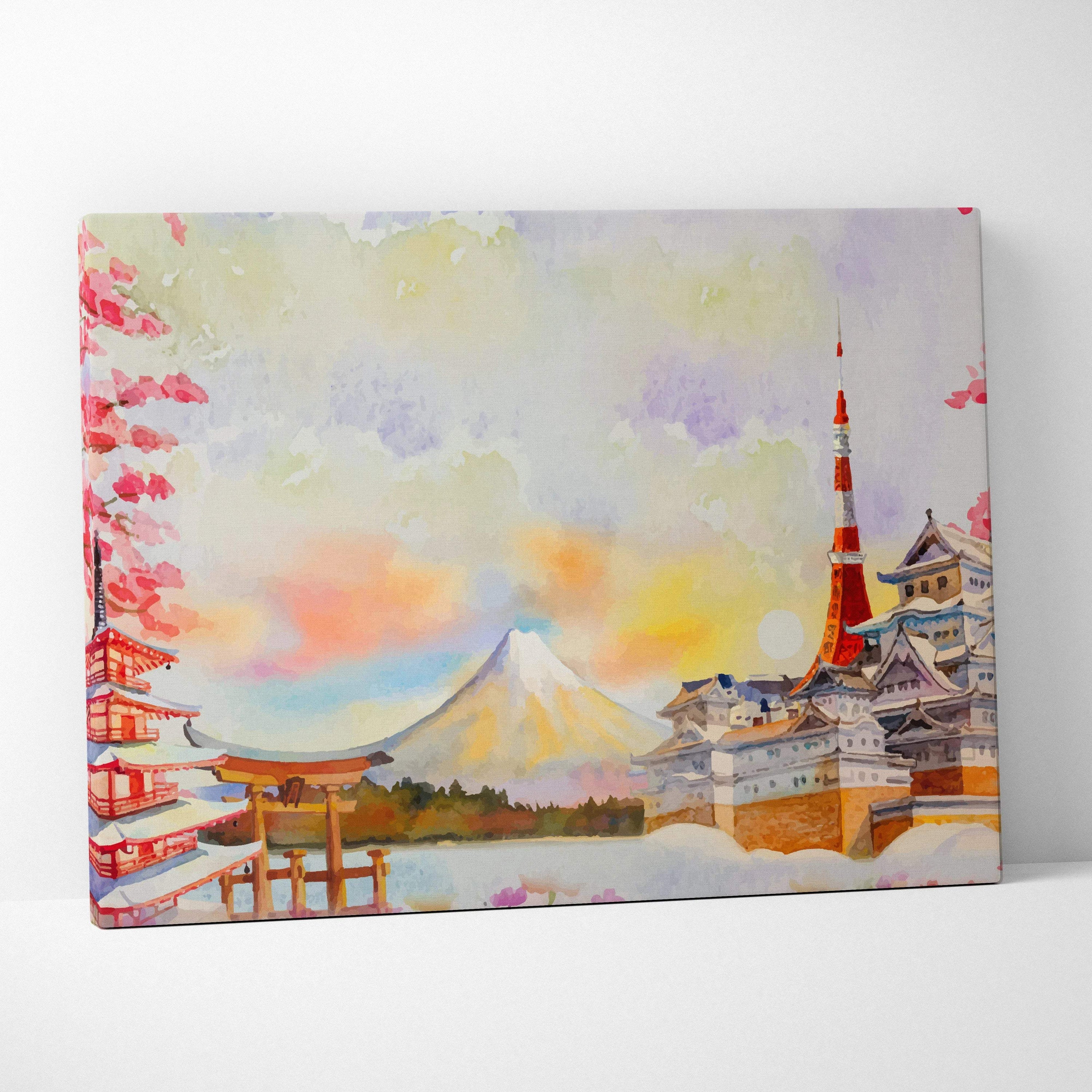 Watercolor Mount Fuji with pagodas torii gates cherry blossoms canvas art