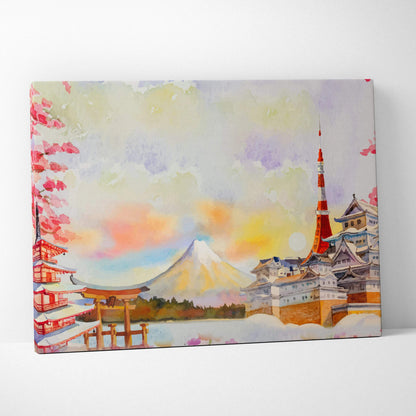 Watercolor Mount Fuji with pagodas torii gates cherry blossoms canvas art