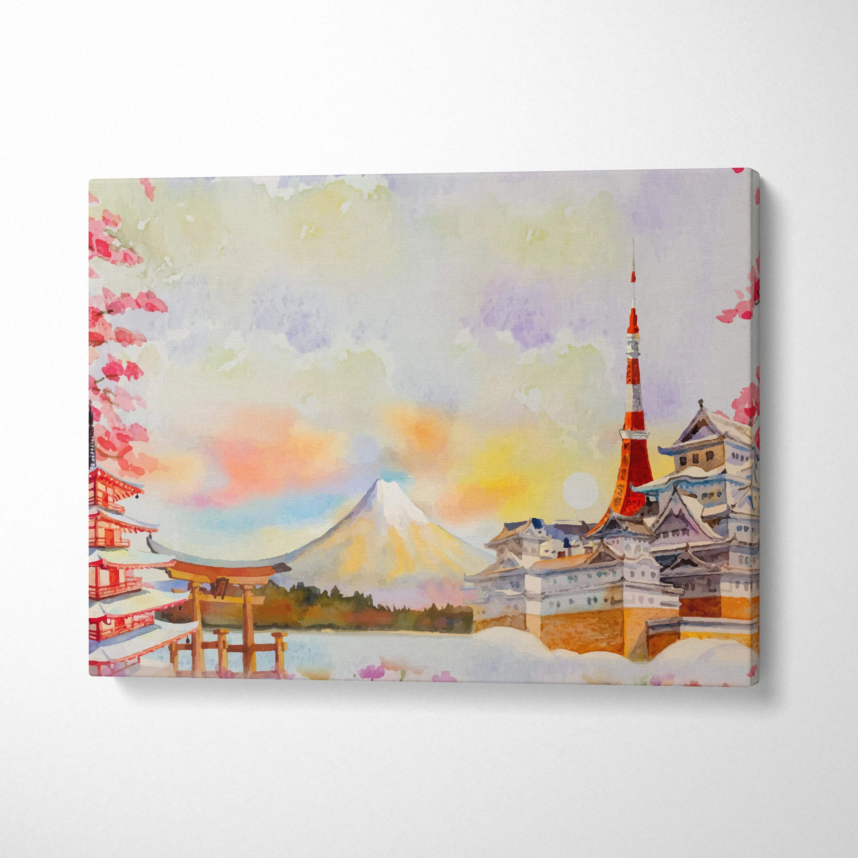 Watercolor canvas of Mount Fuji, cherry blossoms, pagoda, castle in pastel pink red blue gold