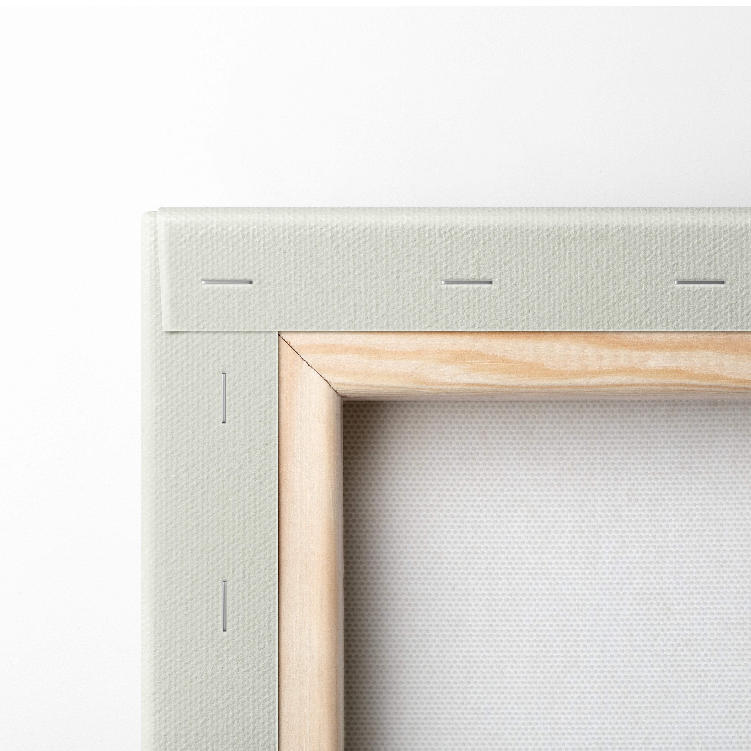 Abstract botanical wall art with light green canvas stretched over natural wood frame and subtle stitching details