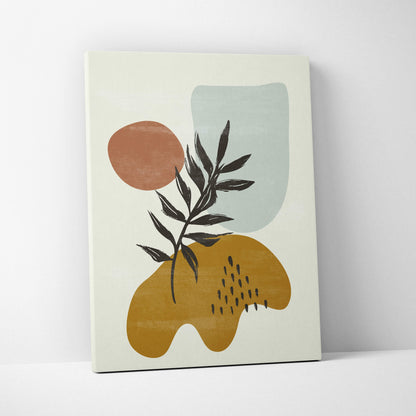 Abstract botanical wall art featuring a minimalist black leaf branch with terracotta mustard and sage green shapes on canvas