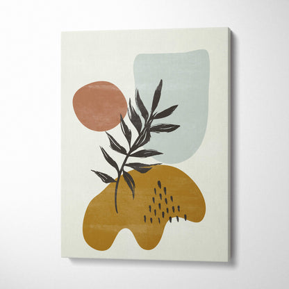 Modern abstract canvas print with black leafy branch and terracotta mustard sage earth tone shapes on off-white background