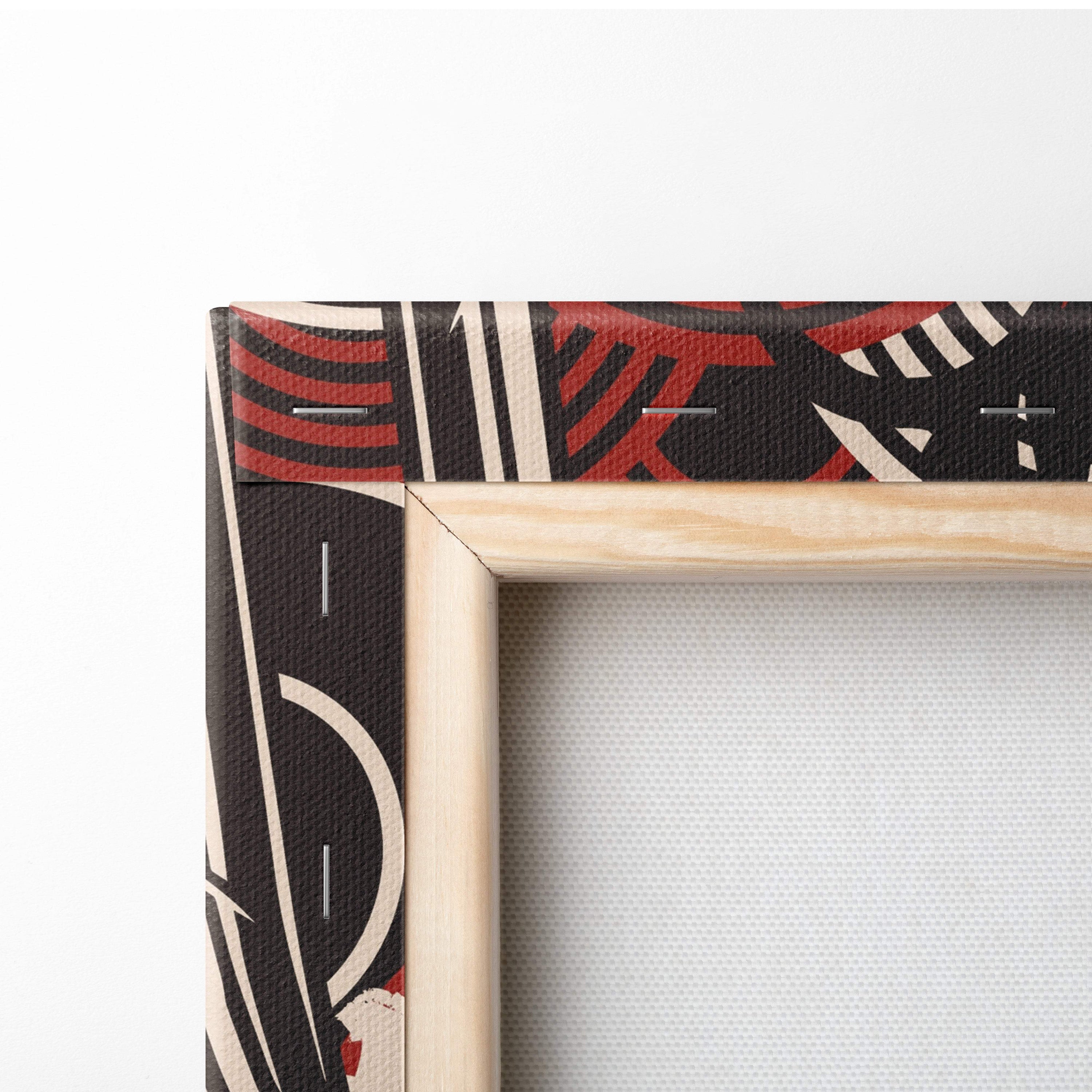 A wooden frame with a black red and white abstract patterned border for samurai koi fish canvas wall art