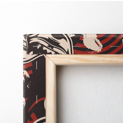 A wooden-framed canvas wall art with bold black red and white samurai koi pattern in Japanese tattoo style