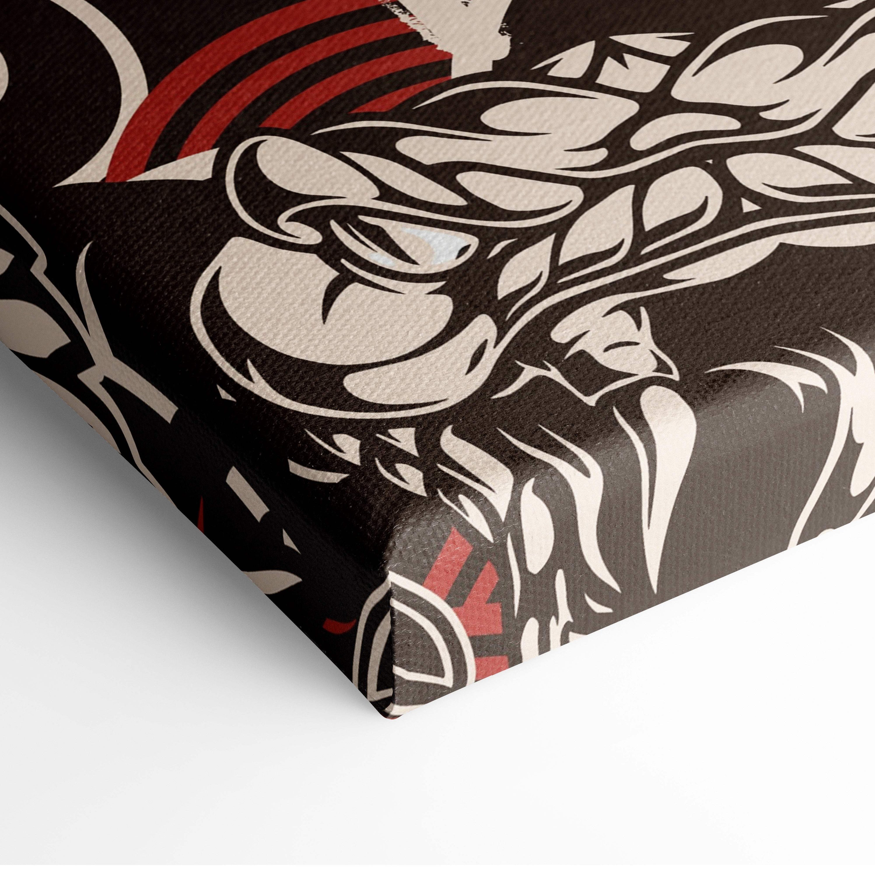 Black canvas print featuring bold white and red tribal style samurai koi fish artwork for living room wall decor