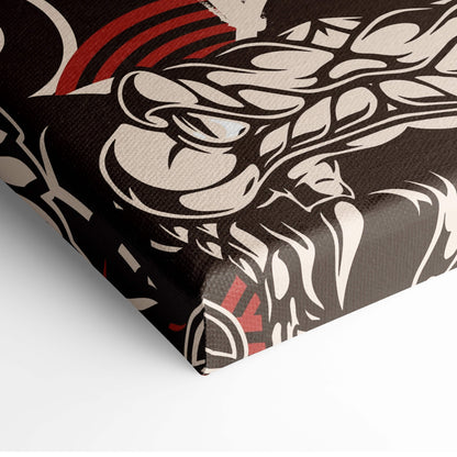 Black canvas print featuring bold white and red tribal style samurai koi fish artwork for living room wall decor