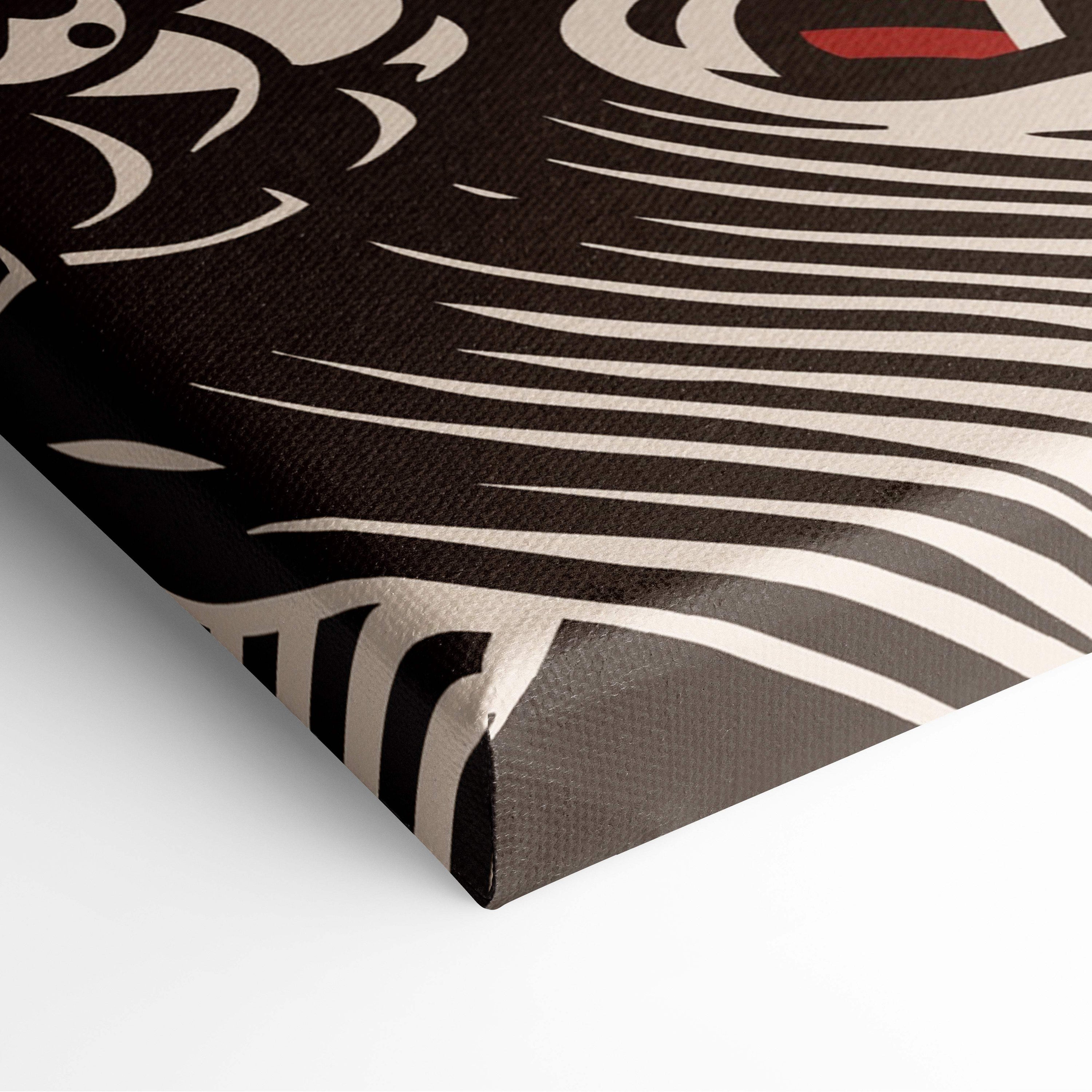 Black and white zebra-striped canvas print featuring bold stylized animal motifs for wall decor