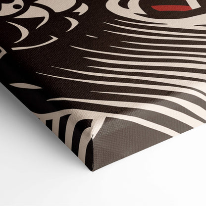 Black and white zebra-striped canvas print featuring bold stylized animal motifs for wall decor
