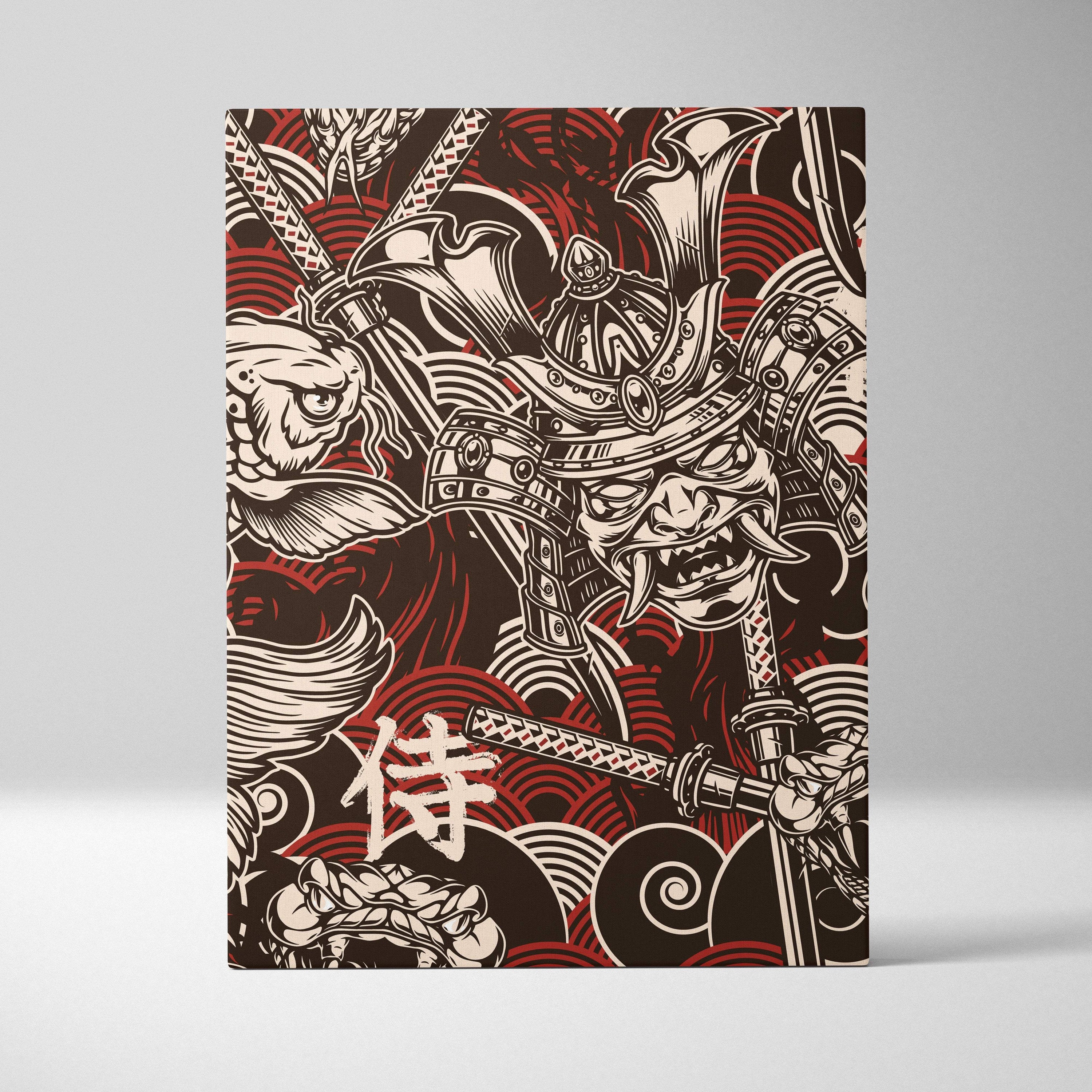 Rectangular canvas print of a bold red and black samurai in ornate armor with intricate patterns for wall art decor
